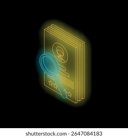 Neon isometric illustration representing candidate selection through resume analysis and rating