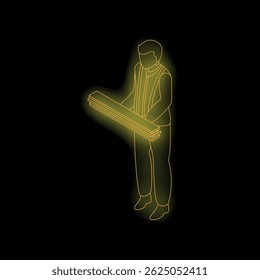 Neon isometric projection of a construction worker holding wooden planks against a black background