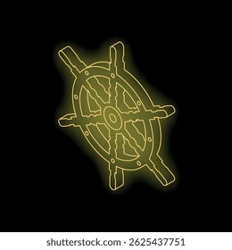 Neon isometric ship wheel glowing on black background, symbolizing maritime navigation and seafaring adventures