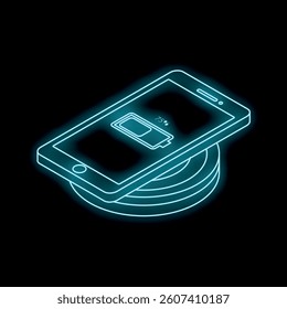 Neon isometric smartphone charging wirelessly with a battery icon indicating 75 percent power