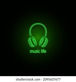 Neon items, vector illustration neon headphones in outline style. Headset with neon green effect on a dark background slogan music life. For window dressing, mobile applications