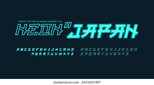 Neon Japan - Fuente de vector de estilo asiático japonés en estilo cyberpunk de ciencia ficción. Tipografía futurista brillante. Fuente moderna de neón estilo Japón. Letras japonesas inglesas	