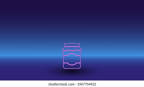 Neon jar of jam symbol on a gradient blue background. The isolated symbol is located in the bottom center. Gradient blue with light blue skyline