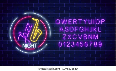 Neon jazz cafe glowing sign with saxophone and alphabet in circle frame on a dark brick wall background. Glowing invitation to jazz night in music bar. Vector illustration.