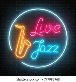 Neon jazz cafe with live music and saxophone glowing sign on a dark brick wall background. Glowing street signboard of bar with karaoke and blues singers. Vector illustration.