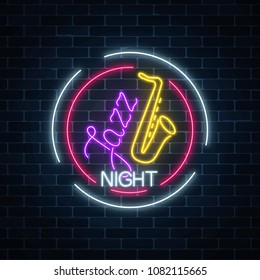 Neon jazz cafe with saxophone glowing sign in circle frame on a dark brick wall background. Glowing invitation to jazz night in music bar. Vector illustration.