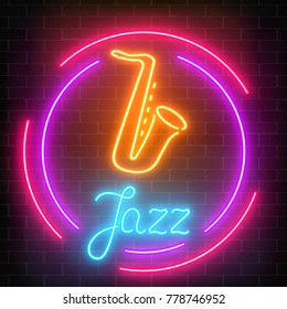 Neon jazz cafe with saxophone glowing sign with round frame on a dark brick wall background. Glowing street signboard of bar with karaoke and blues singers. Vector illustration.