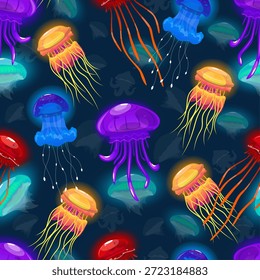 Néon águas-vivas flutuam em profundidades do padrão sem costura do oceano. Animais subaquáticos. Habitantes luminosos do fundo do mar. Criaturas invertebradas submarinas. Impressão repetida. Fauna marinha gelatinosa. Plano de fundo do vetor
