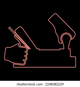 Neon jointer jack plane in hand holding tool use Arm using instrument with wood red color vector illustration image flat style light
