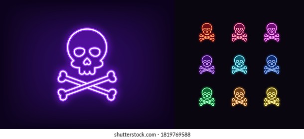 Neon jolly roger icon. Glowing neon skull with crossbones, skeleton head in vivid colors. Pirate flag, corsair skull, danger, poison. Icon set, sign, symbol for UI. Vector illustration