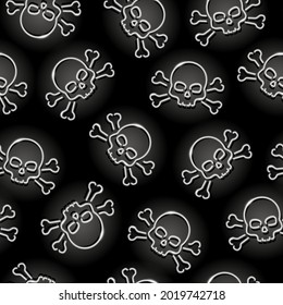 Neon Jolly Roger seamless pattern with white skull and crossbones  icons on black background. Piracy, danger, death, Halloween concept. Vector 10 EPS illustration.