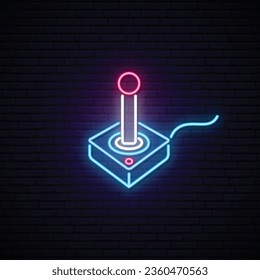 Neon joystick sign. Glowing game joystick icon on dark brick wall background. Vector illustration in neon style.