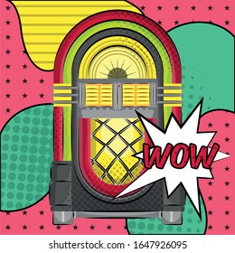 Neon jukebox on a halftone comic background. Pop art - Vector