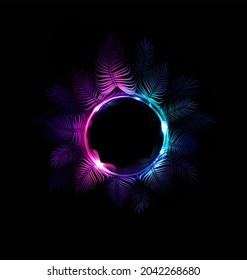 Neon Jungle Abstract Background With Jungle Plants, Palm Leaf And Neon Circle Light Frame. Color Summer Night Vector. Circular Frame With Tropical Palm Tree For Illustration, Poster, Invitation, Flyer