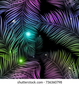 Neon Jungle, Electric Tropical Glitch Summer Seamless Pattern. Beautiful, Realistic Palm Leaves With Neon Glow, Purple And Blue Color With Shiny Stars, Sparkles And Glow