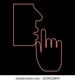 Neon keep silence concept Man shows index finger quietly Person closed his mouth Shut his lip Shh gesture Stop talk please theme Mute red color vector illustration image flat style light