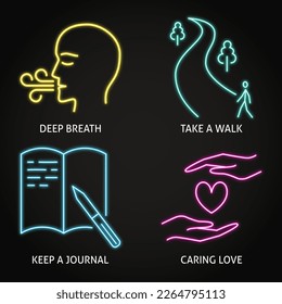 Neon keeping good mental health icon set. Vector illustration.