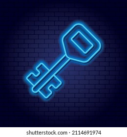Neon key element. Contour glowing flat drawing on a dark background
