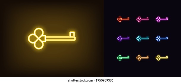 Neon key icon. Glowing neon key sign, outline magic clue, silhouette in vivid colors. Golden skeleton key, fairy master latchkey, magic quest room, secret clue. Vector icon set, sign, pictogram