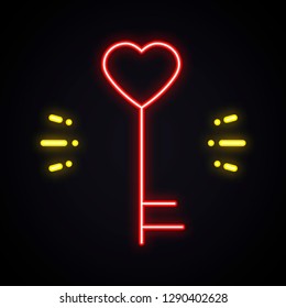 Neon key sign. Light heart shape. Bright Valentine's symbol. Glowing love, couple, romantic theme