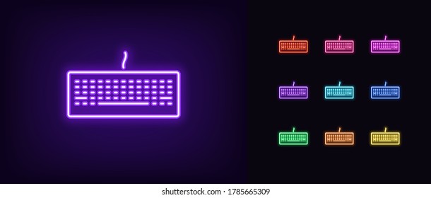 Neon keyboard icon. Glowing neon keyboard sign, set of isolated gaming device in different vivid colors. Bright icon, sign, symbol for UI design. Gadget for computer games. Vector illustration