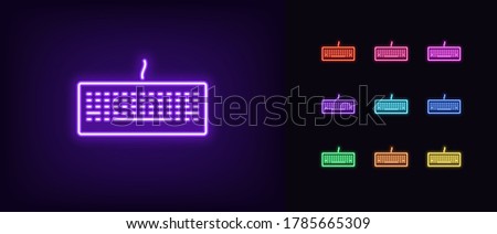 Neon keyboard icon. Glowing neon keyboard sign, set of isolated gaming device in different vivid colors. Bright icon, sign, symbol for UI design. Gadget for computer games. Vector illustration