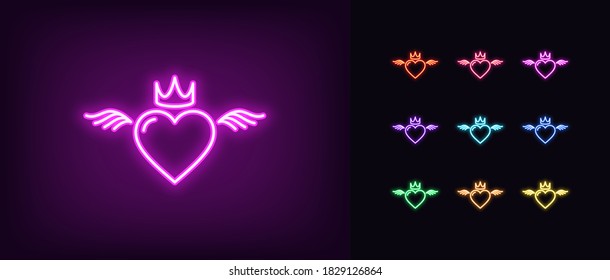 Neon king or queen heart, glowing icon. Neon royal heart with crown and wings. Flying royal love in vivid colors. Great kingdom of majesty love. Icon set, sign, symbol for UI. Vector illustration