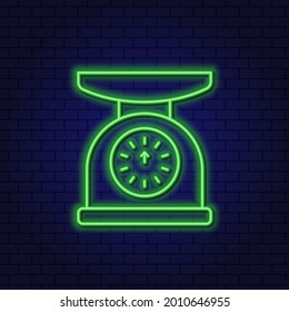 Neon Kitchen Scales for weighing products. Cooking concept. Glowing vector icon of household appliances for the kitchen.