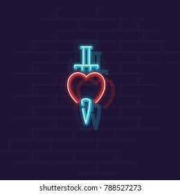 Neon knife in heart. Valentine's day poster about broken love. Isolated geometric style illustration on brick wall background.