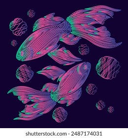 Neon Koi Fish: Vibrant Underwater Dreamscape. Abstract Aquatic Art with Swirling Lines and Colorful Scales. Digital Illustration of Graceful Fish in Motion.