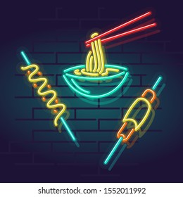 Neon korean street food. Night illuminated wall street sign. Square illustration on brick wall background.