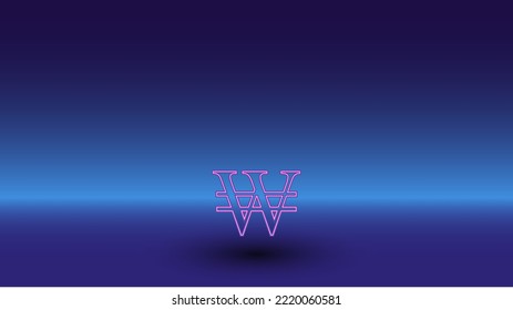 Neon Korean won symbol on a gradient blue background. The isolated symbol is located in the bottom center. Gradient blue with light blue skyline