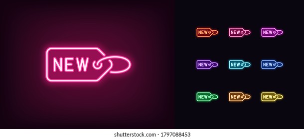 Neon Label New. Glowing Neon Tag Sign With Text New, Newest Collection Badge In Vivid Colors. New Offer And Arrival, Fresh Goods, Product Update. Icon Set, Sign, Symbol For UI. Vector Illustration