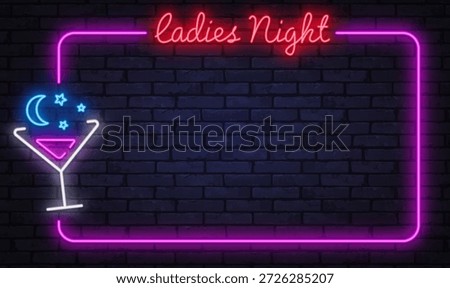 Neon ladies night frame with elegant script lettering and cocktail icon. Soft glow creates festive nightlife mood for bar events.