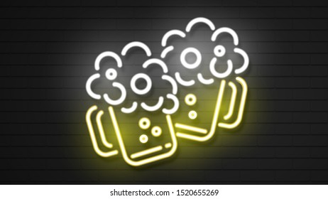 Neon lager beer Icon. Vector beer. Glass of beer isolated on brick background