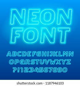 Neon lamp alphabet font. Neon color italic letters, numbers and symbols. Stock vector typography for your design.