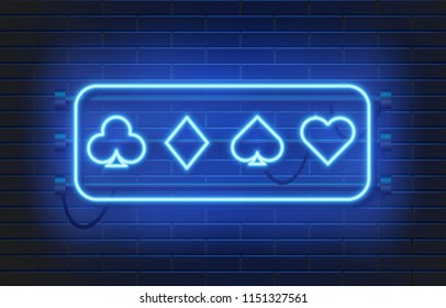 Neon lamp casino banner on wall background. Poker or blackjack card games sign. Las Vegas concept. Vector illustration.