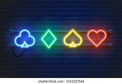 Neon lamp casino banner on wall background. Poker or blackjack card games sign. Las Vegas concept. Vector illustration.