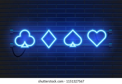 Neon lamp casino banner on wall background. Poker or blackjack card games sign. Las Vegas concept. Vector illustration.