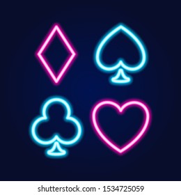 Neon lamp casino banner on blue background. Poker or blackjack card games sign. Las Vegas concept. Vector illustration.