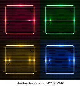 Neon lamp casino rectangel frame on brick wall background. Las Vegas concept. Vector illustration.