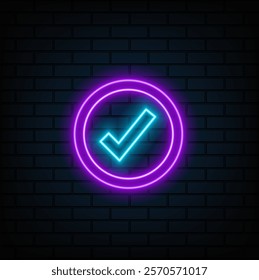 Neon lamp check mark icon, tick symbol. Modern ornamental ui element. Design for Fluorescent Presentation or Banner.