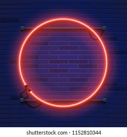 Neon lamp circle frame on brick wall background. Las Vegas concept. Vector illustration.