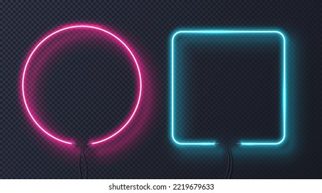 Neon lamp figures set. Pink circle and blue square. Collections of signs for nightclubs, modern technology and digital world. Realistic 3D vector illustrations isolated on transparent background
