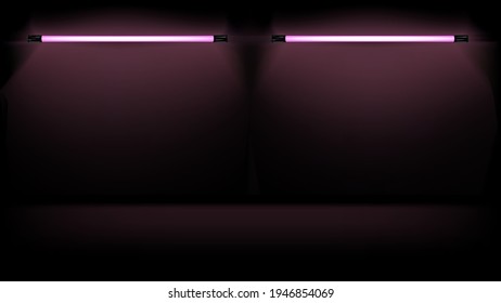 Neon lamp fluorescent slim tube. led pink red light vector. Wall light background. Graphic illustration