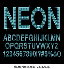 Neon lamp font / alphabet, cyan color. Vector illustration.