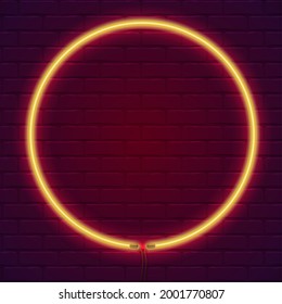 Neon lamp in the shape of circle. Brick wall lit by neon lamp. Vector template, 3d illustration.
