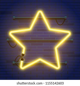 Neon lamp star frame on brick wall background. Award concept. Vector illustration.