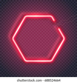 Neon lamp wall sign isolated on transparent background. Vector red power glowing bulb banner, light line or neon polygon frame for your design.