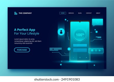 Neon landing page template with smartphone vector design in eps 10